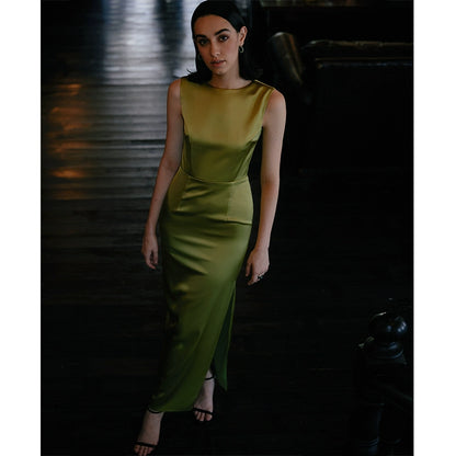 GOUDIN high-end light luxury mustard green evening dress -ZIA.