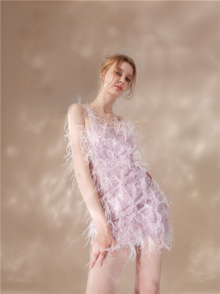 Wardrobes by Chen Elegant Purple Embroidered Beads Feather Dress-Cassie