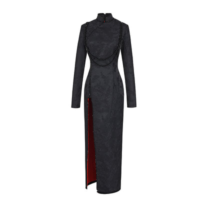 Le Palais Vintage Lace Dark Pattern Hong Kong Style Thin Black Long Dress-CHID