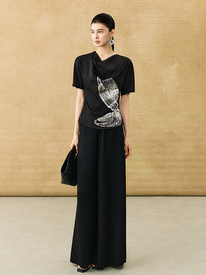 HECO Chinese Art Butterfly Print Swing Neck T-Shirt Waist Slim Top - CONJOR .