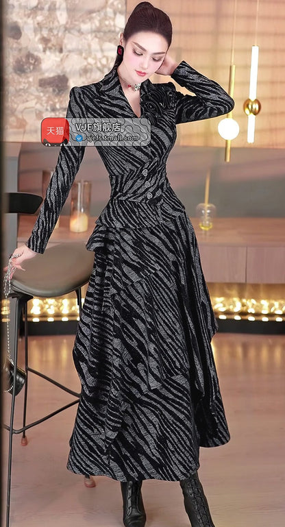 VJE zebra pattern suit skirt top irregular long skirt two-piece set- MONI.