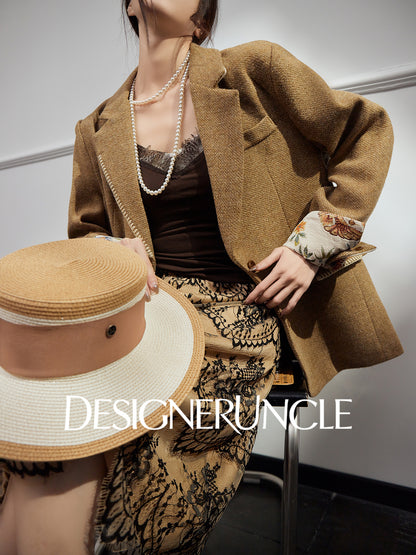 DGU| Coffee Suit Single-Breasted V-Neck Knitted Cardigan Woven Hip Skirt Set - MAKER.