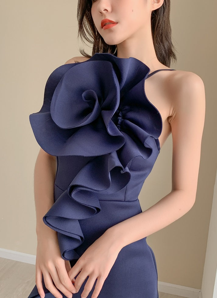 DOLLY Elegant French Style Sleeveless Ruffle Collar Slim Fit Midi Cocktail Dress-BANNIE