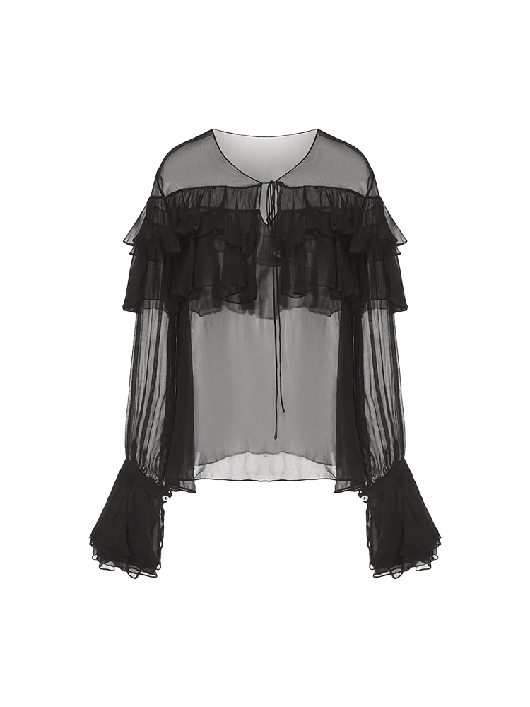 ATELIER MISS LU ruffle design sheer mulberry silk top - THOMAS.