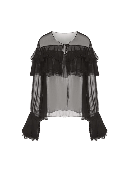 ATELIER MISS LU ruffle design sheer mulberry silk top - THOMAS.