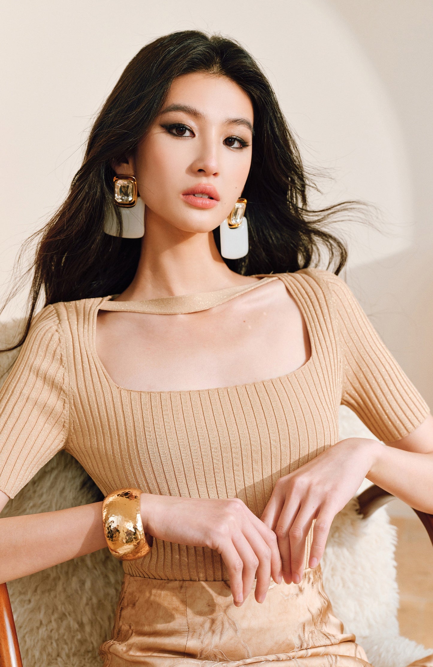 WANGXO | Phantom Shiny Silk with Hemp Retro Square Neck Slim Ribbed Knit Short Sleeve Top -ZARA