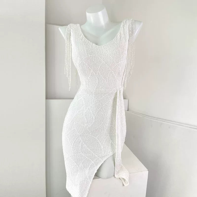 DOLLY Luxury V-Neck Sleeveless Sequin Tassel Bead Hip Hug Cocktail Dress-Poppi