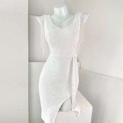 DOLLY Luxury V-Neck Sleeveless Sequin Tassel Bead Hip Hug Cocktail Dress-Poppi