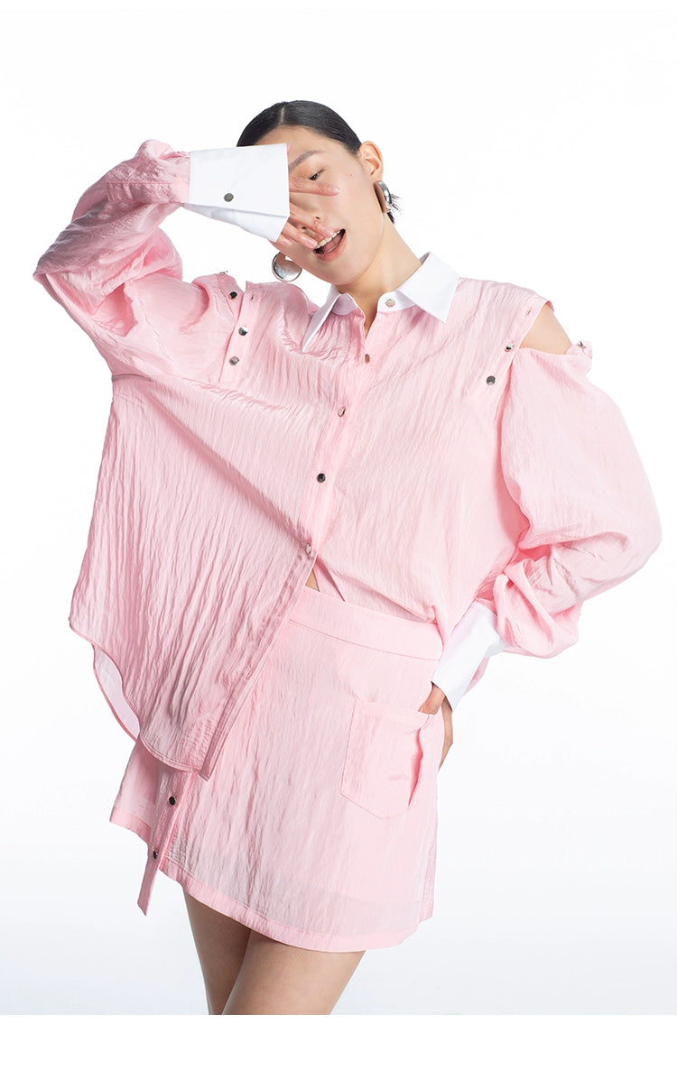 Barbie pastel Pink off-the-shoulder long sleeve loose shirt skirt suit