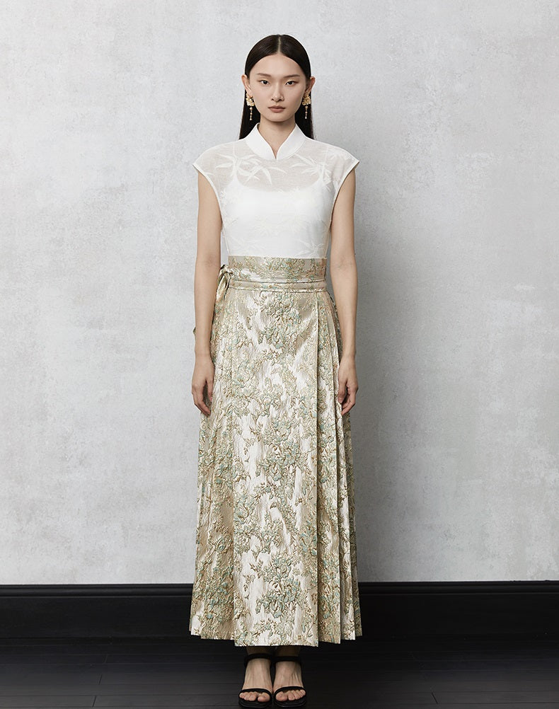 HECO high waist pleat blue purple green jacquard Embossed Skirt Women - king.