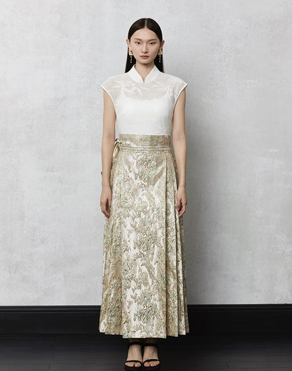 HECO high waist pleat blue purple green jacquard Embossed Skirt Women - king.