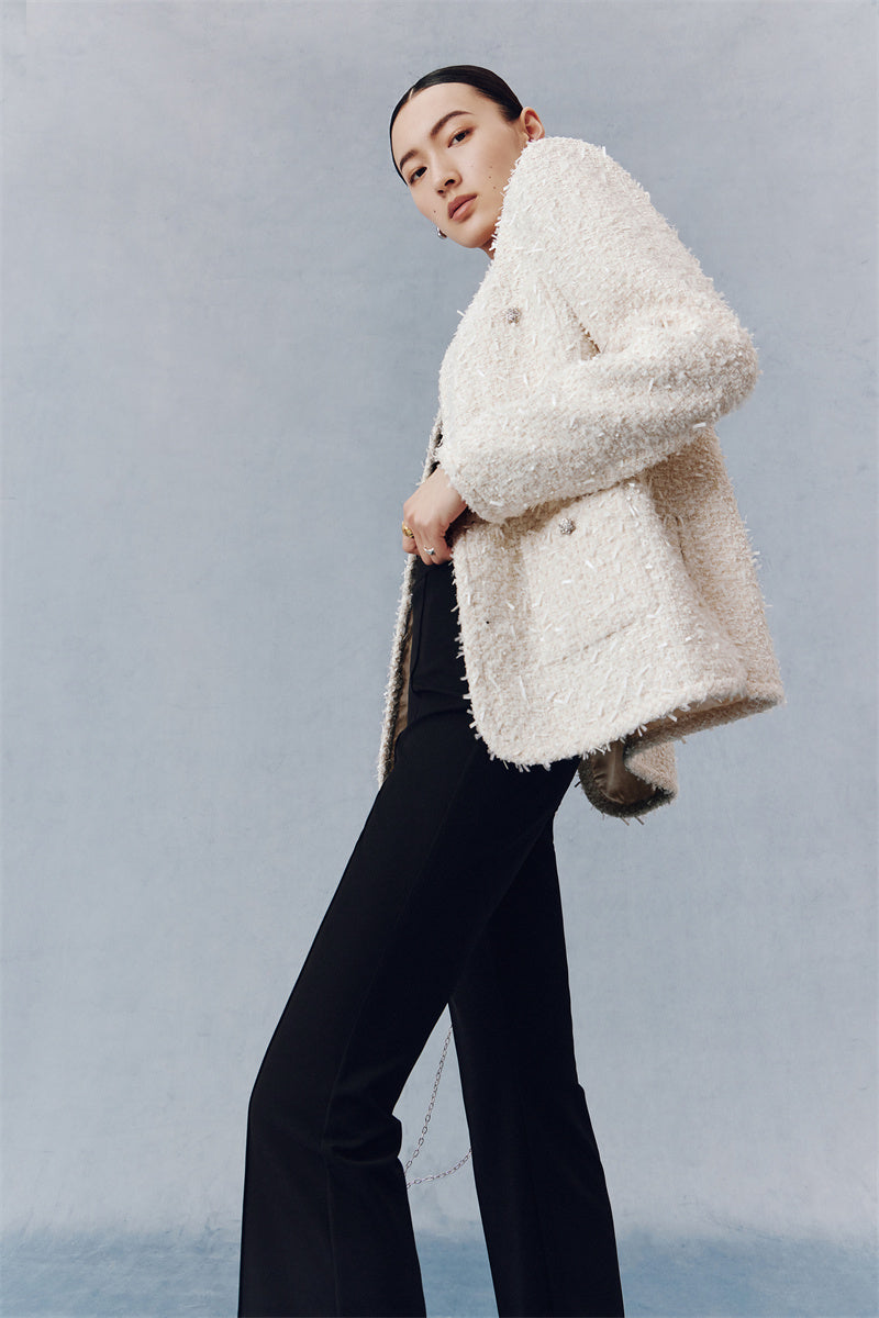 PURITY luxury chic three-dimensional tweed white coat- Mirabel