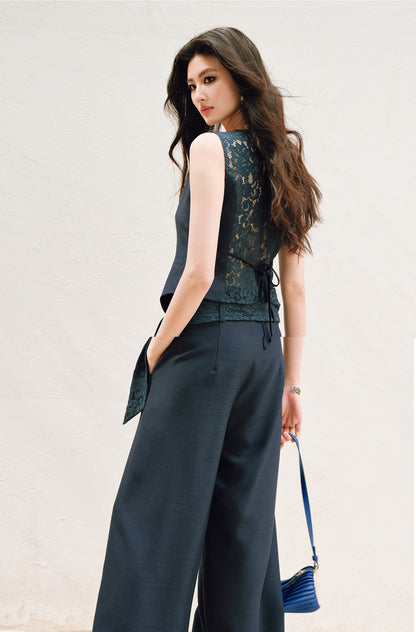 WANGXO |V-Neck Vest & Belted Straight Pants Intellectual Suit Set -NÉRA