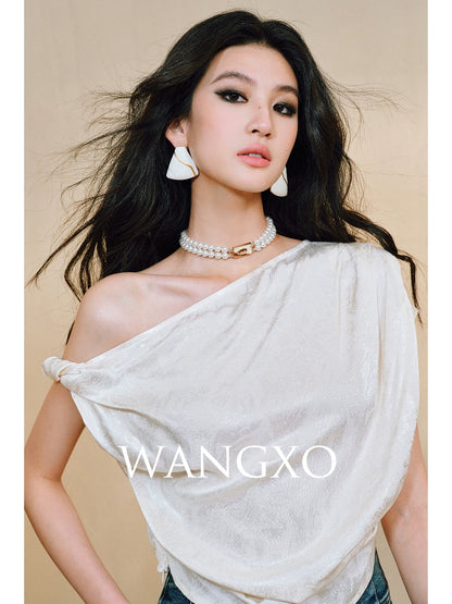 WANGXO Heavy Work Glossy Satin Hand-Pinched Pleats Slanted Shoulders Twisted Top - CERYS