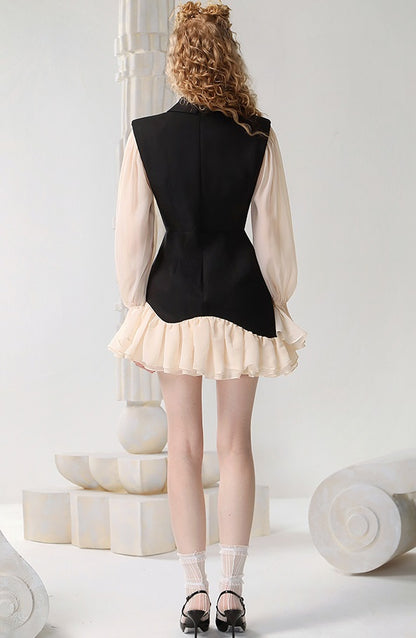 CHECOCRE Elegant Ruffle Contrasting Design Black Suit Dress- EDNA