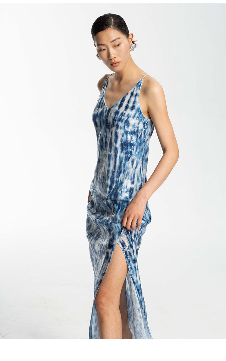 LEDIM W Blue tie dye sequined slip cocktail slit dress - Abba