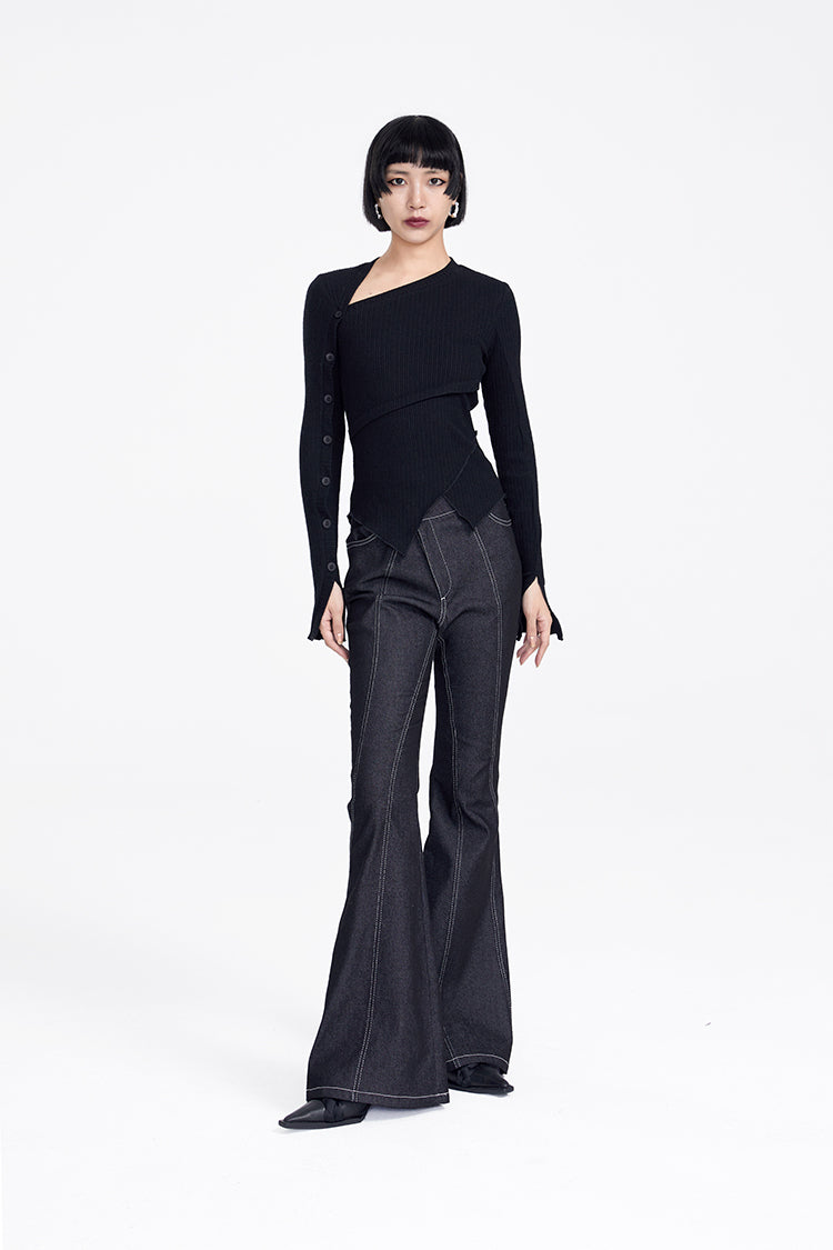 TINY IN button sleeve asymmetric knit women's black top-TAKA