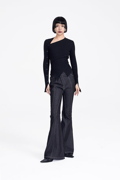 TINY IN button sleeve asymmetric knit women's black top-TAKA