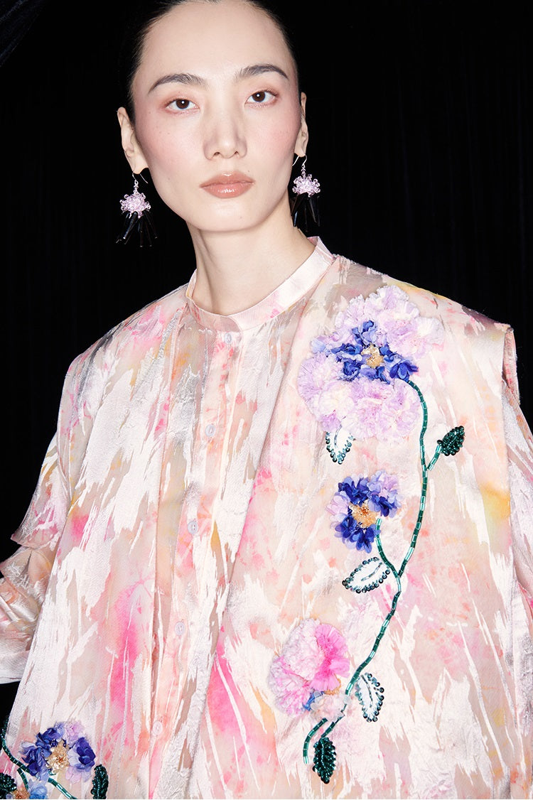 M essential Mackay designer iridescence crepe workshop raffia multi-floral gilet - STEPH.