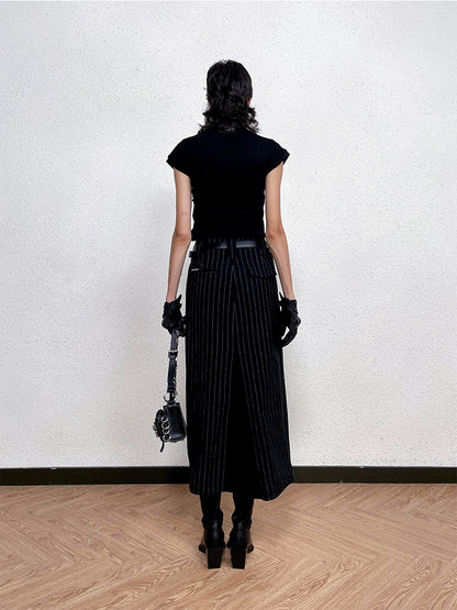 ANNAKIKI Black and White Striped Vintage Belt Trim Striped Skirt-RAVY