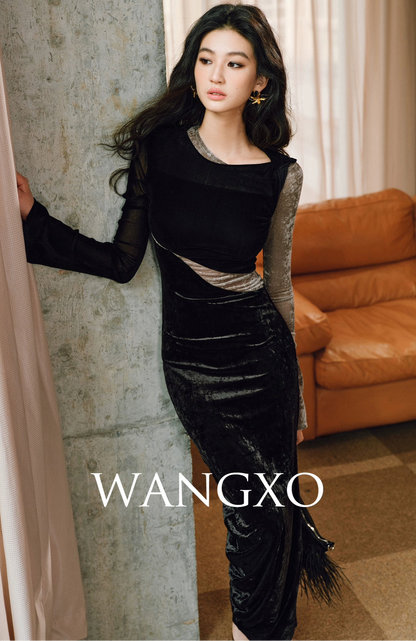 WANGXO | Soft Velvet 3-Yarn Stitching Pleated Slim-Fit Knitted Dress- LENA.