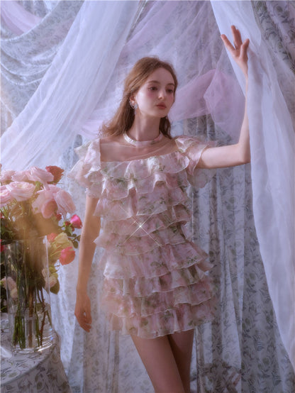 Wardrobes by Chen Elegant Short Sleeve Flower Print Party Short Dress-Dami