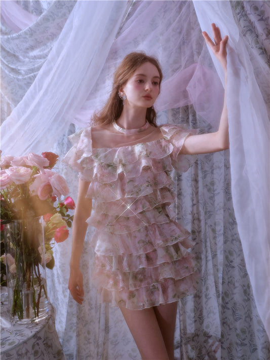 Wardrobes by Chen Elegant Short Sleeve Flower Print Party Short Dress-Dami