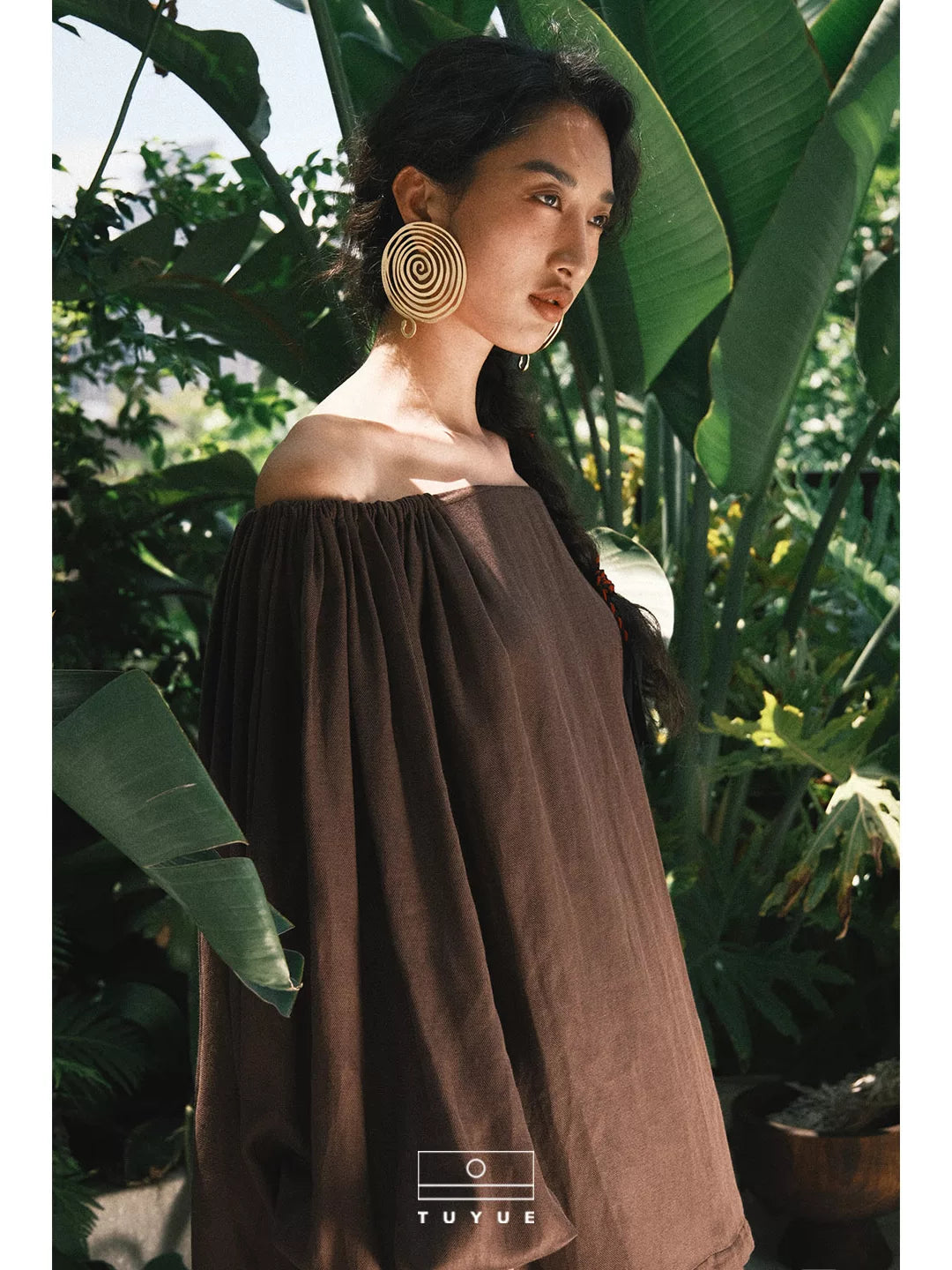 TUYUE Brown texture cotton and linen breathable elastic waist top + skirt set- NIMO