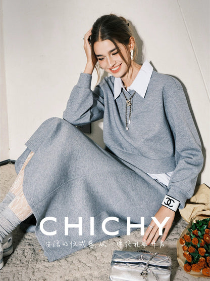 CHICHY Lazy Casual Gray Two-Piece Sporty Style Skirt-KILLUA