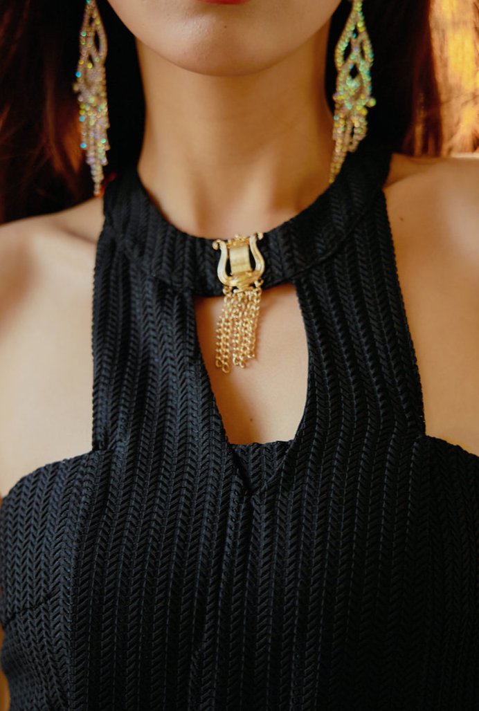 DOLLY High End Black Halter Neck Wrinkle Wide Flared Leg Pant Jumpsuit-LARA