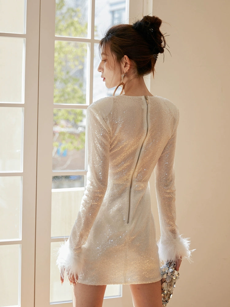 DOLLY Elegant White Crew Neck Long Sleeve Short Sequin Sexy Birthday Dress-LAYLA