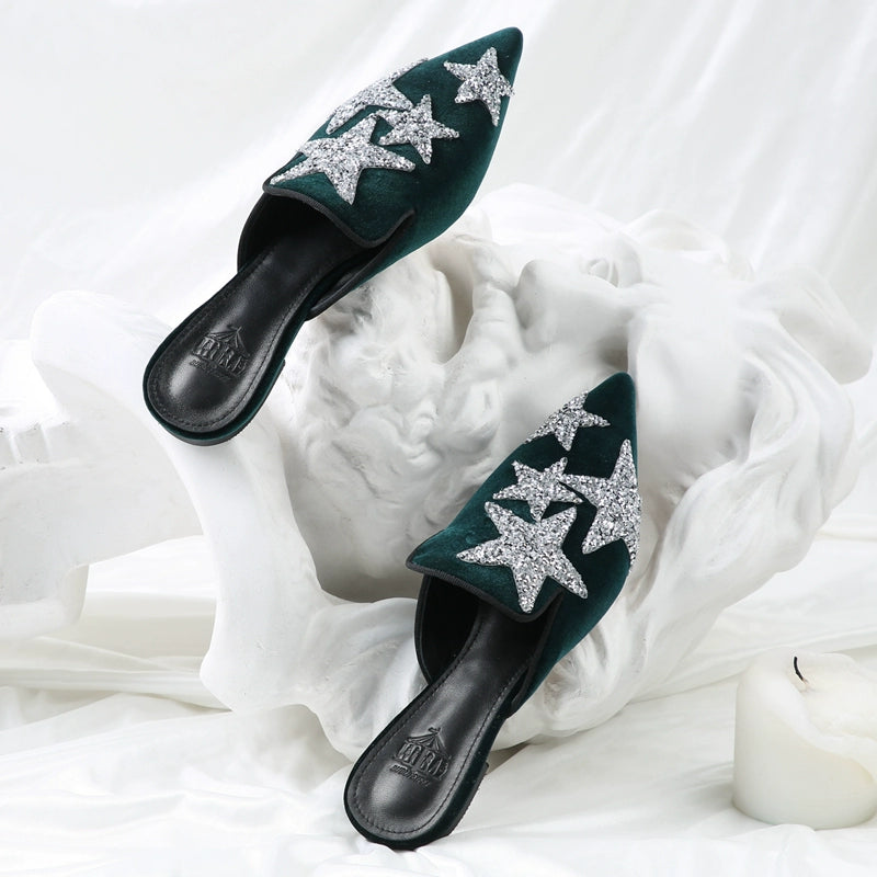 B-FEI rhinestone flats, mules, velvet slippers-LINC.