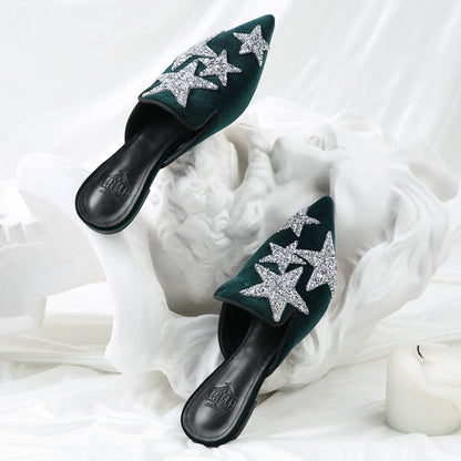 B-FEI rhinestone flats, mules, velvet slippers-LINC.