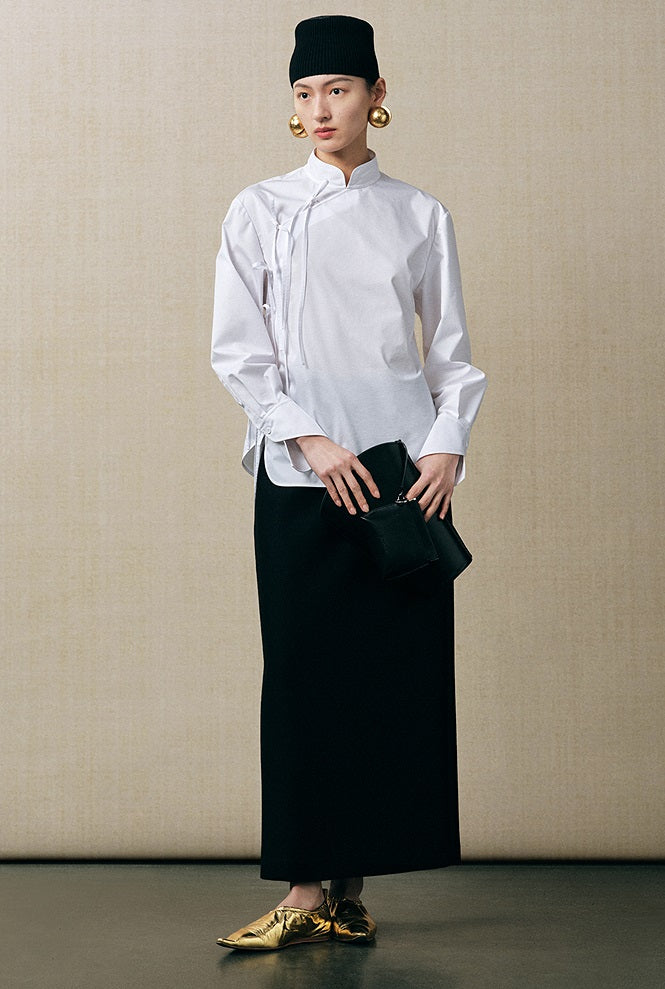 ZHUCHONGYUN Chinese diagonal strap long-sleeved white shirt -EJAE.