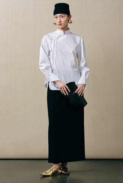 ZHUCHONGYUN Chinese diagonal strap long-sleeved white shirt -EJAE.