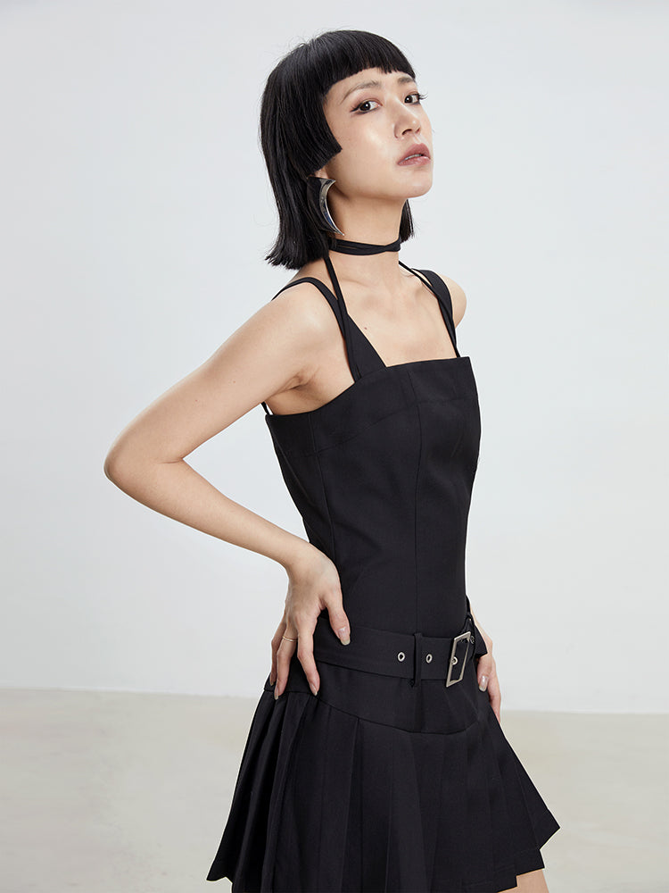 TINY IN women's summer pleated little black slip dress -PIPE