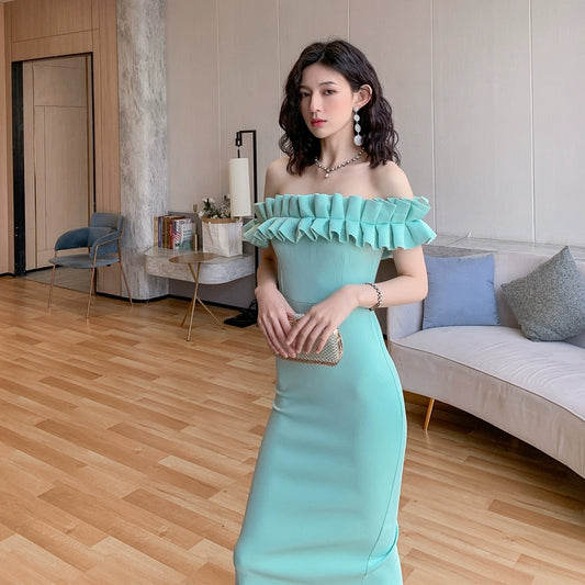 DOLLY High End Retro Style Pleated Off Shoulder Slim Fit Dinner Dress-JOLA