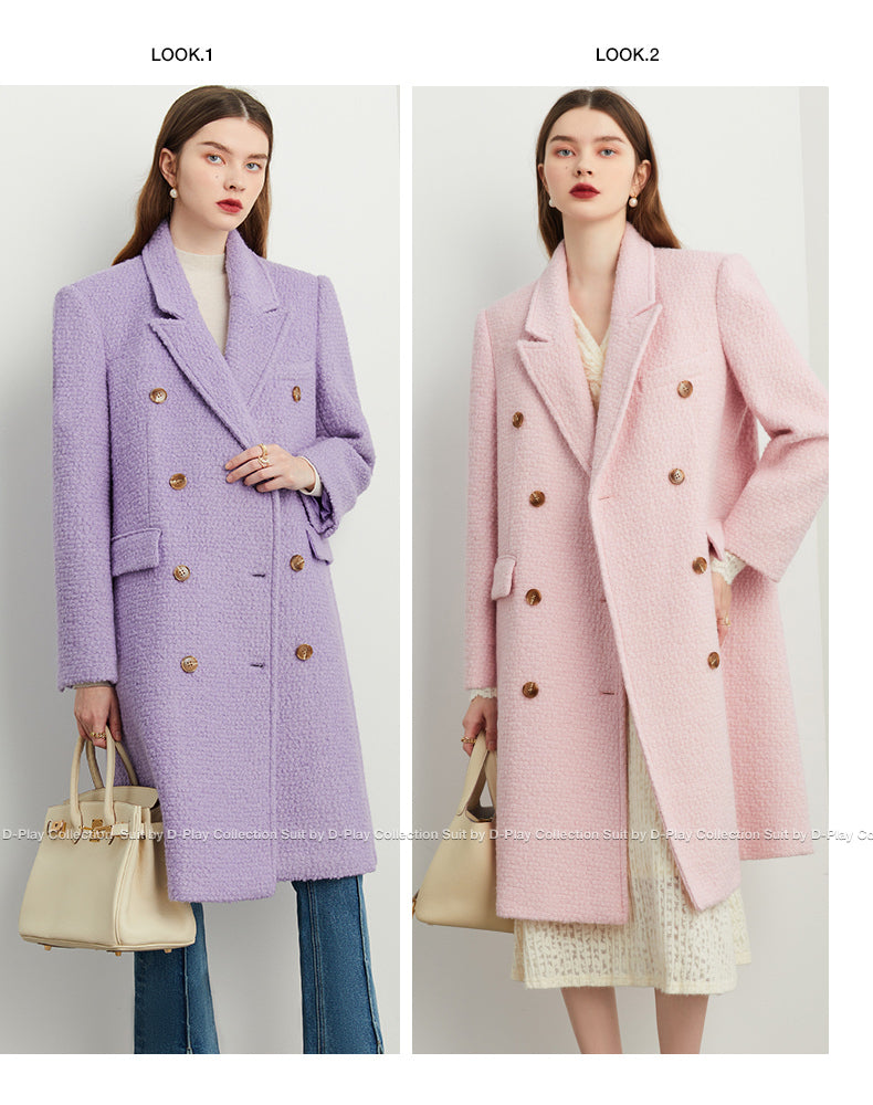 Winter pastel pink wide-shouldered double-breasted wool coat - Piue