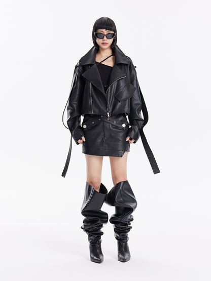 TINY IN cross belt pu leather black skirt -DASHY