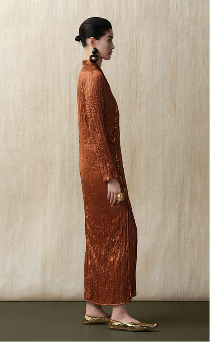 ZHUCHONGYUN Glossy Pleated Beaded Strap Straight Maxi Dress-YOKOZO.