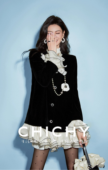 CHICHY French fragrance black velvet chic foreign ruffle jacket-MARY