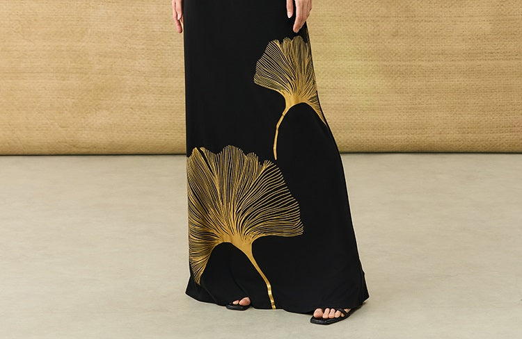 HECO Chinese draped skirt summer fashion ginkgo print skirt set - AFLORAL.