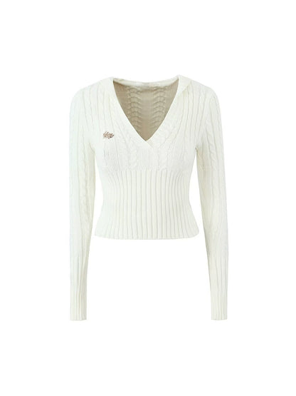 Le Palais Vintage White Twist V Tie Hood Slim Fit Sweater-KEN.
