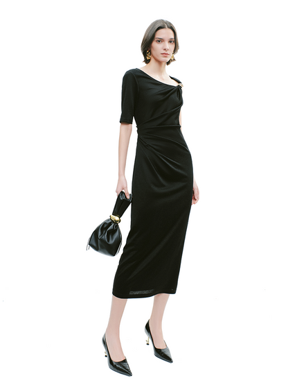 YES BY YESIR | Ye Qians Asymmetric Ribbon-Buckle Knit Dress with Sculpted Silhouette - JASME.RA