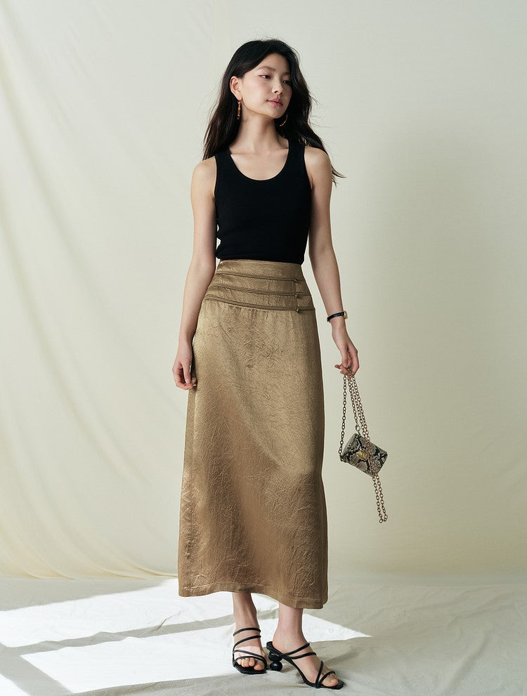 SUSHE Light Chinese acetate scratch satin high waist long skirt female -JESSICA
