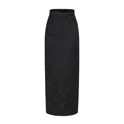 Le Palais Vintage Luxury Black Deep V-Neck Mesh Long Sleeve Top + Long Skirt-LING.
