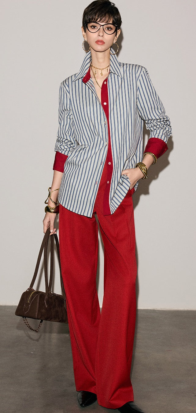 ANNASPEAK cotton up-and-down loose slimming striped long-sleeved long shirt-KILO.