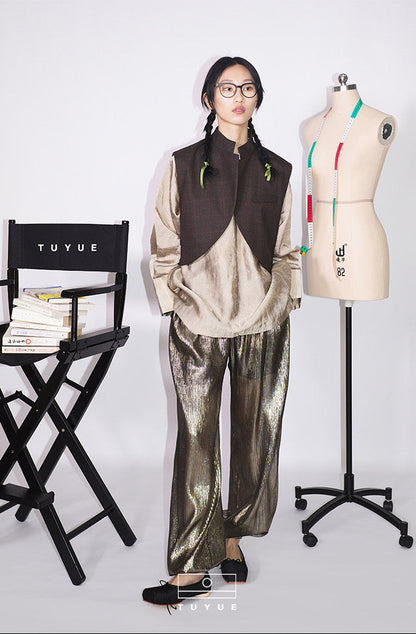 TUYUE wool coffee color dark check short vest - CHRISTINA.