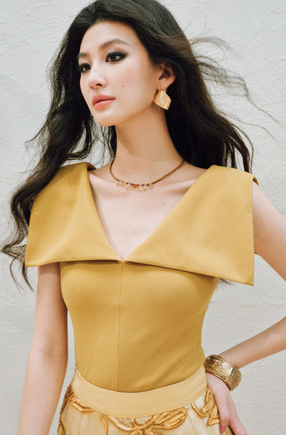 WANGXO | Fine Glitter-Sprinkled Silver High-Elastic Hemp Knit  Layered V-Neck Slim Elegant Top -SANA