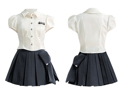 CHECOCRE Stubble sweet cool girly suit dark gray pleated skirt - MEDE.